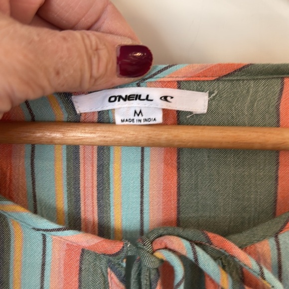 O’NEILL Rosie Stripe Top Bohemian Tie Closure Medium Green Blue - Picture 3 of 9